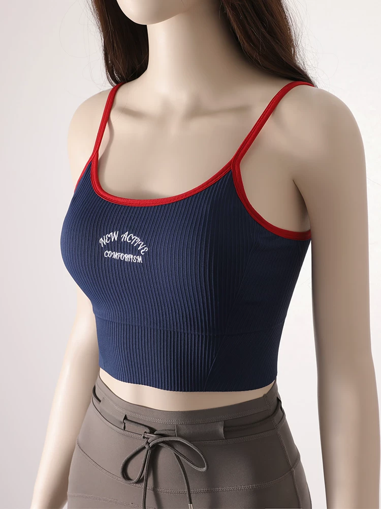Áo ngực thể thao nữ màu sắc tương phản, áo tập gym chạy bộ mùa hè có đệm ngực, áo ngực yoga gân sọc mặc ngoài.