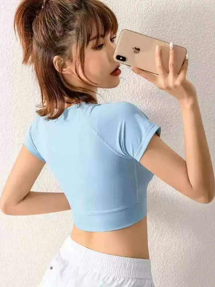 Áo thun thể thao ngắn tay co giãn bó sát dành cho nữ, kiểu dáng ngắn gợi cảm, tôn dáng, hở rốn, trang phục tập thể dục, áo tập yoga