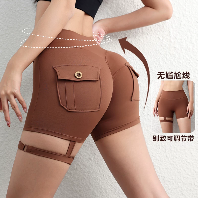 Quần tập yoga nữ có vòng đeo chân, quần short bó sát gợi cảm, quần short tập gym nâng mông đào, kiểu mới 2026.