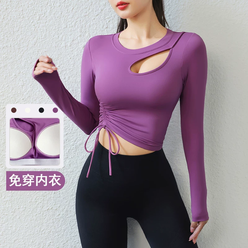 Trang phục tập yoga phong cách Âu Mỹ, tay dài, có đệm ngực, xếp ly, ôm sát, áo thể thao giúp thon gọn, cúp ngực tích hợp, trang phục tập thể dục Pilates dành cho nữ.