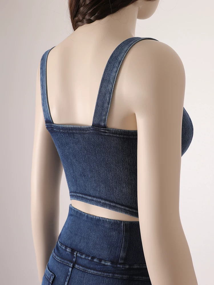 Áo yếm giả denim có cúc, có đệm ngực, áo lót gợi cảm dành cho trang phục tập yoga mùa hè.