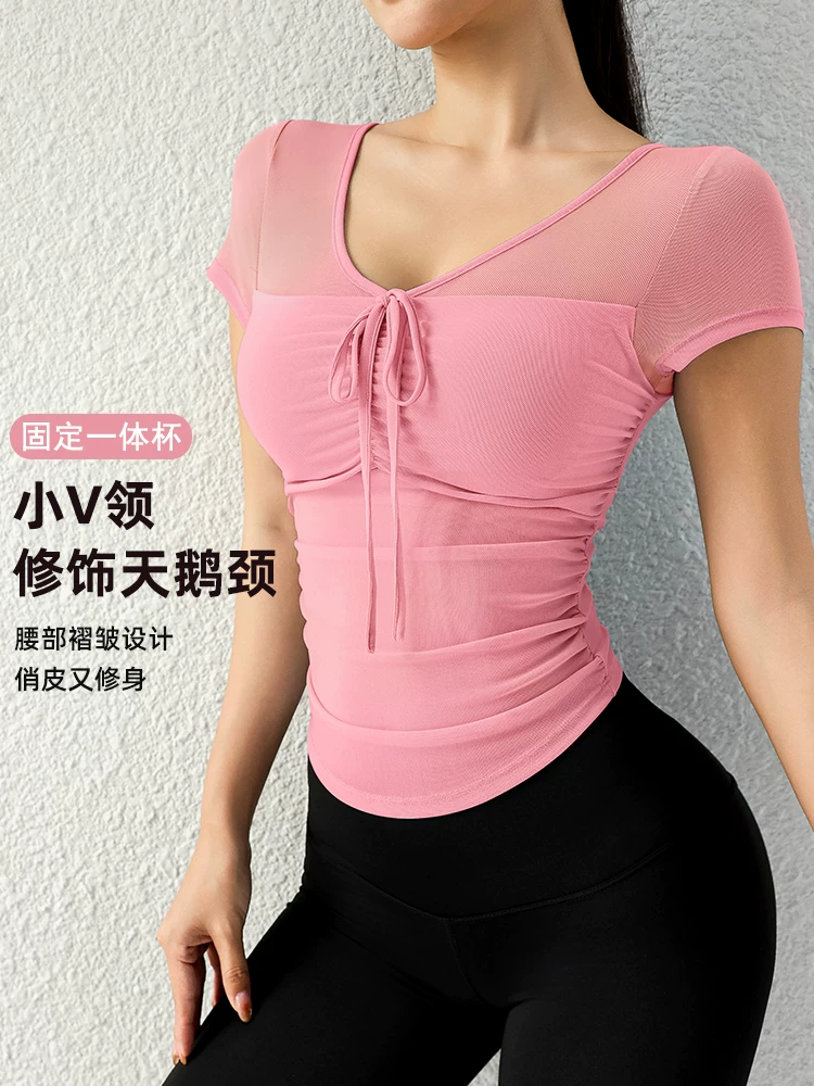 Quần áo tập yoga phong cách Dopamine dành cho nữ, áo thun thể thao mùa hè mới, áo ngắn tay tập thể dục chạy bộ Pilates, kiểu lưới.