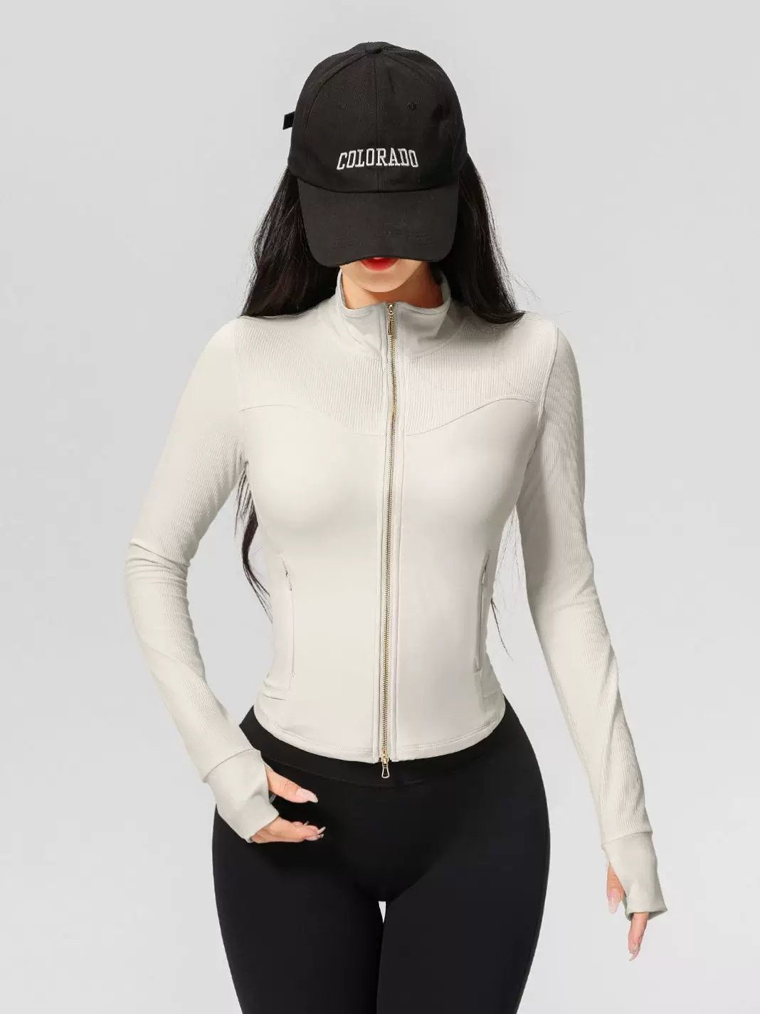 Áo khoác thể thao dành cho nữ có cổ đứng và khóa kéo đôi, áo tập yoga ôm sát với thiết kế có gân, thích hợp cho việc chạy bộ và tập luyện vào mùa thu đông.