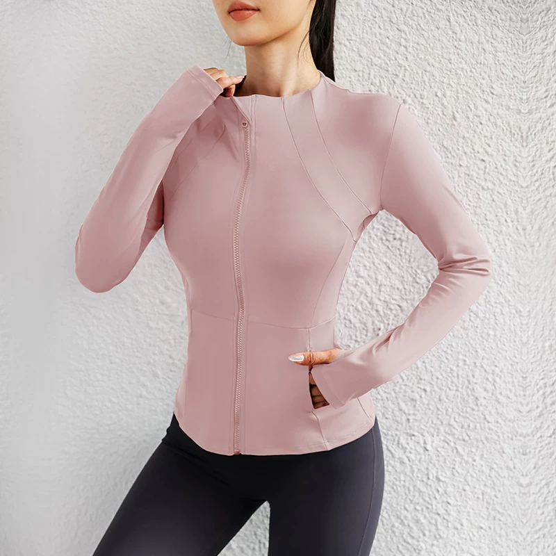 Quần áo thể thao nữ, thiết kế ôm eo, giúp thon gọn, nhanh khô, đồ tập yoga, áo tập chạy dài tay, áo khoác có khóa kéo