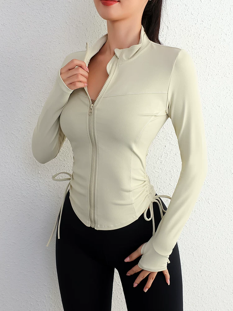 Áo khoác thể thao nữ cổ đứng khóa kéo kiểu mới 2026, áo tập gym ôm dáng dài tay, áo tập yoga mùa xuân