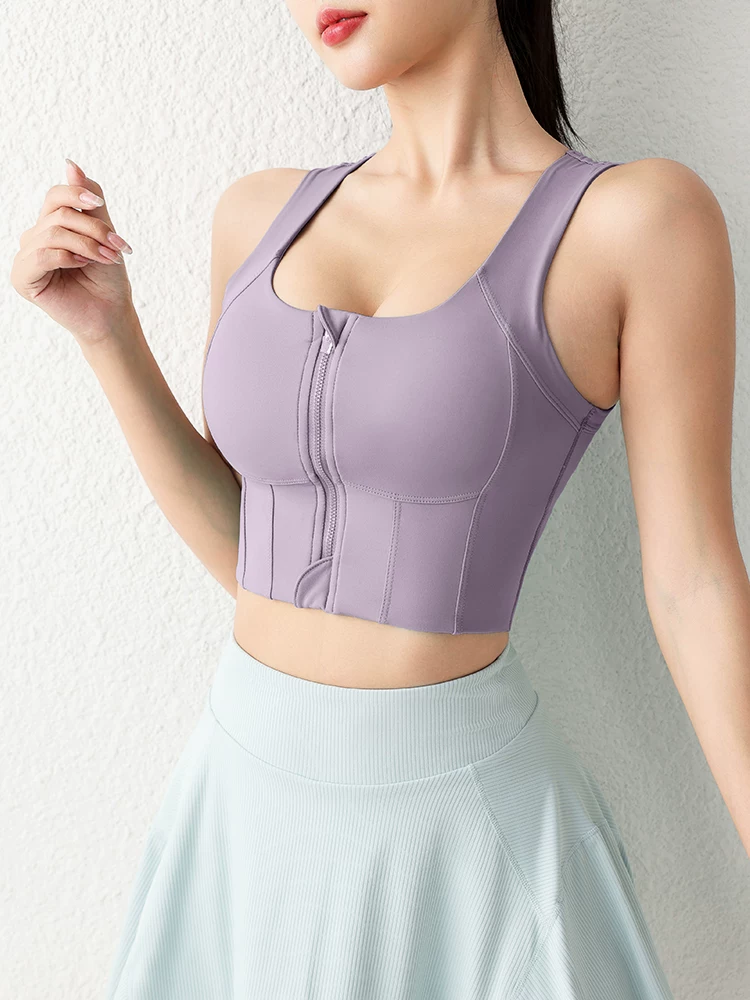 Quần lót thể thao chạy bộ chống sốc cho nữ, áo tập thể dục có khóa kéo phía trước chống sốc cường độ cao, lưng đẹp, áo tập yoga chống chảy xệ ngực lớn.