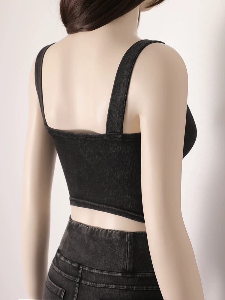 Áo yếm giả denim có cúc, có đệm ngực, áo lót gợi cảm dành cho trang phục tập yoga mùa hè.