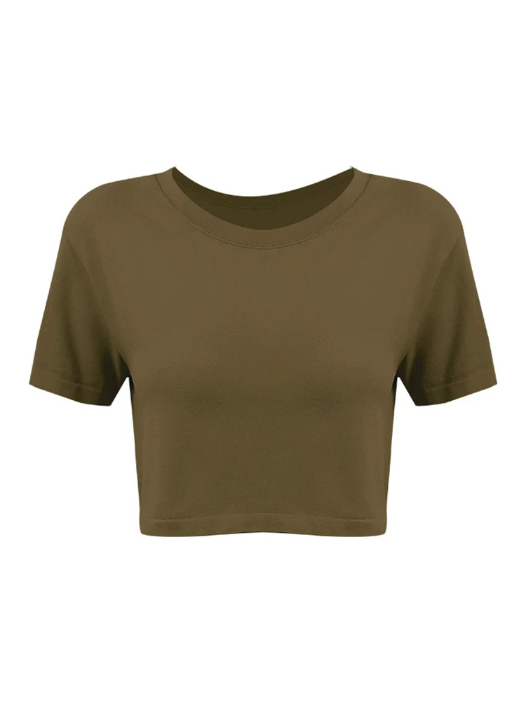 Áo thun thể thao Jiumai Yipin dành cho nữ, áo crop top ngắn rộng rãi, nhanh khô, áo tập yoga, áo chạy bộ ngắn tay.