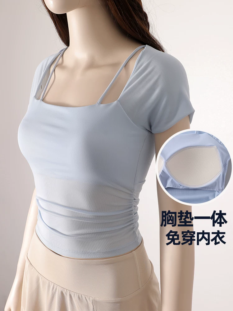 Quần áo tập thể dục mùa hè dành cho nữ có đệm ngực, chống sốc, xếp ly, áo thể thao hai mảnh tay ngắn, quần áo tập yoga chạy bộ buổi sáng