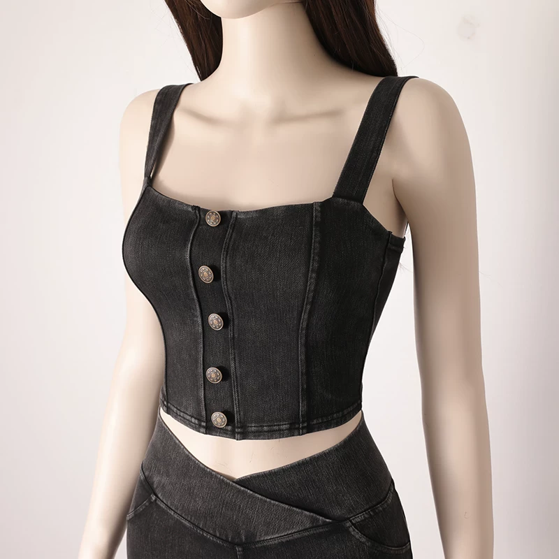 Áo vest thể thao có khóa kim loại đàn hồi cao hình chữ U chống sốc, có miếng đệm ngực, áo vest tập yoga giả denim dành cho nữ.