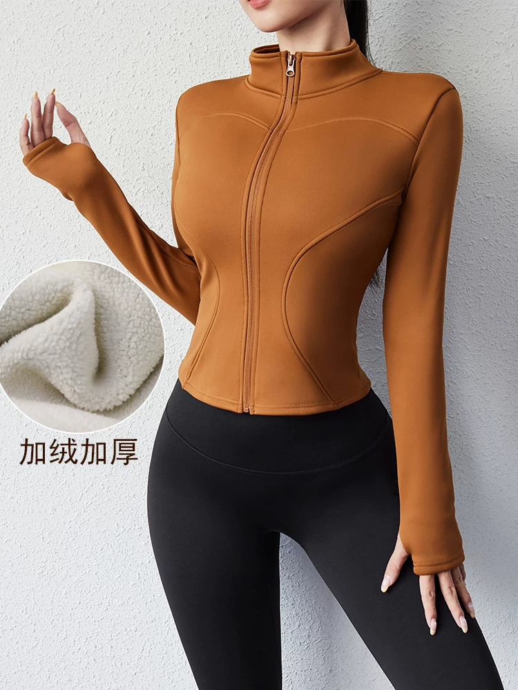 Áo khoác thể thao Jiumai Yipin có lớp lót lông cừu, áo khoác có khóa kéo dày, quần áo chạy bộ và tập thể dục cho nữ, trang phục tập yoga dài tay mùa thu đông.