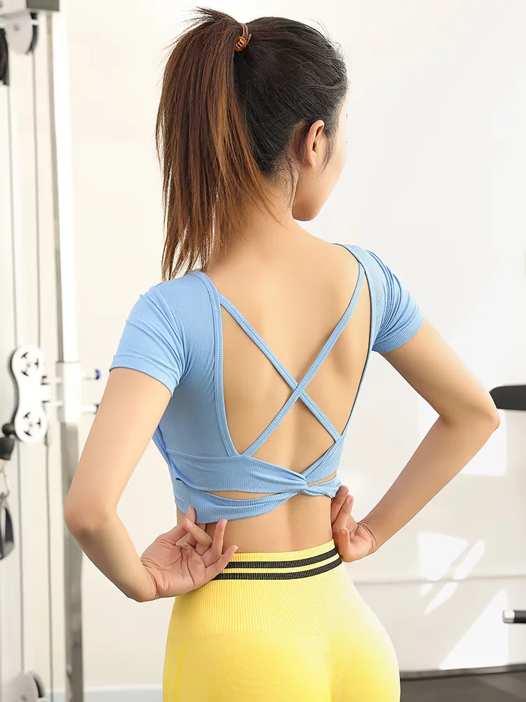 Áo thun thể thao có đệm ngực dành cho nữ, trang phục tập thể dục thoáng khí nhanh khô, trang phục tập yoga Pilates chuyên nghiệp tay ngắn mùa hè mới