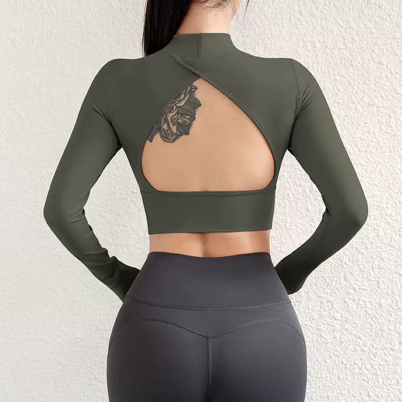 Áo tập yoga xẻ lưng đẹp dành cho nữ, kiểu dáng ngắn có đệm ngực, áo tập thể thao chuyên nghiệp dài tay thoáng khí.
