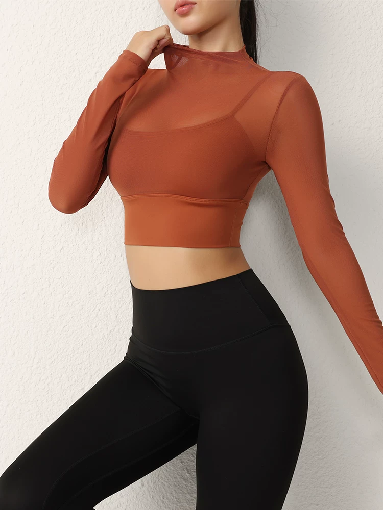 Đồ tập yoga bán trong suốt bằng lưới dành cho nữ, áo liền thân có đệm ngực, áo ngực thể thao, áo dài tay chống sốc, áo tập nhảy, đồ tập thể dục