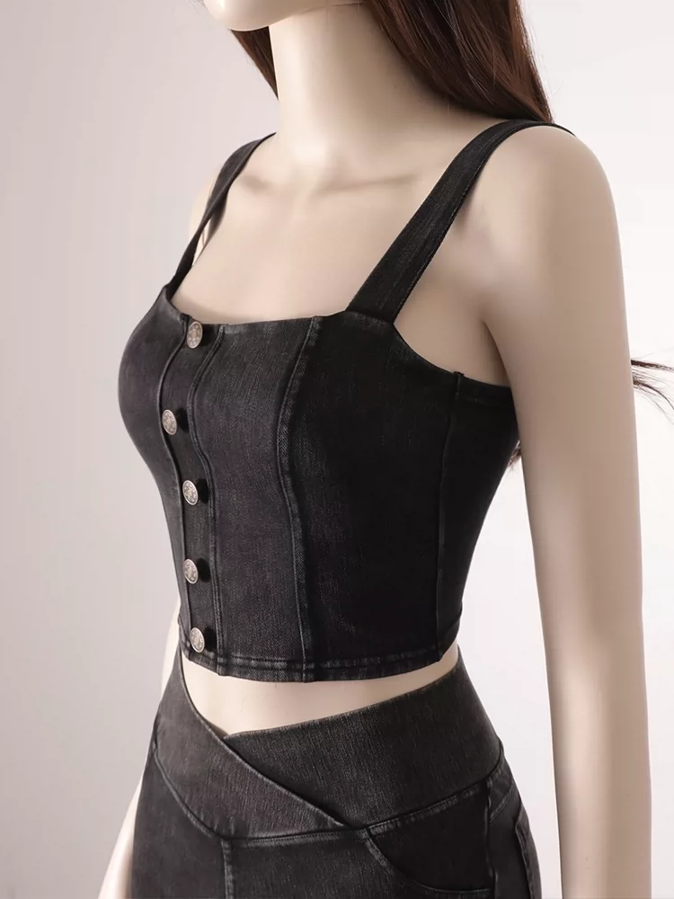 Áo yếm giả denim có cúc, có đệm ngực, áo lót gợi cảm dành cho trang phục tập yoga mùa hè.