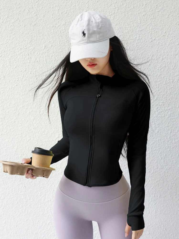 Áo khoác yoga cổ đứng ngắn cho nữ, áo thể thao ôm sát có gân, trang phục tập luyện Pilates, tay áo dài.