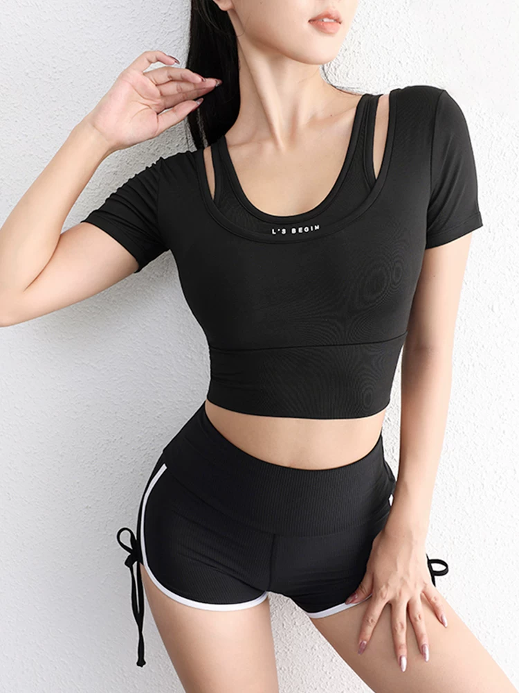 Bộ đồ tập yoga chuyên nghiệp dành cho nữ, bộ hai mảnh mùa hè có đệm ngực, áo thun ngắn tay ôm sát, áo thể thao tập gym nhanh khô.