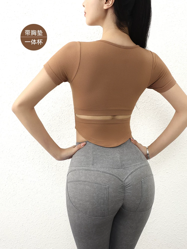 Bộ đồ tập yoga đa năng có đệm ngực, áo tập thể dục khoét eo, áo thun thể thao ngắn tay mỏng mùa hè, ôm sát co giãn dành cho nữ