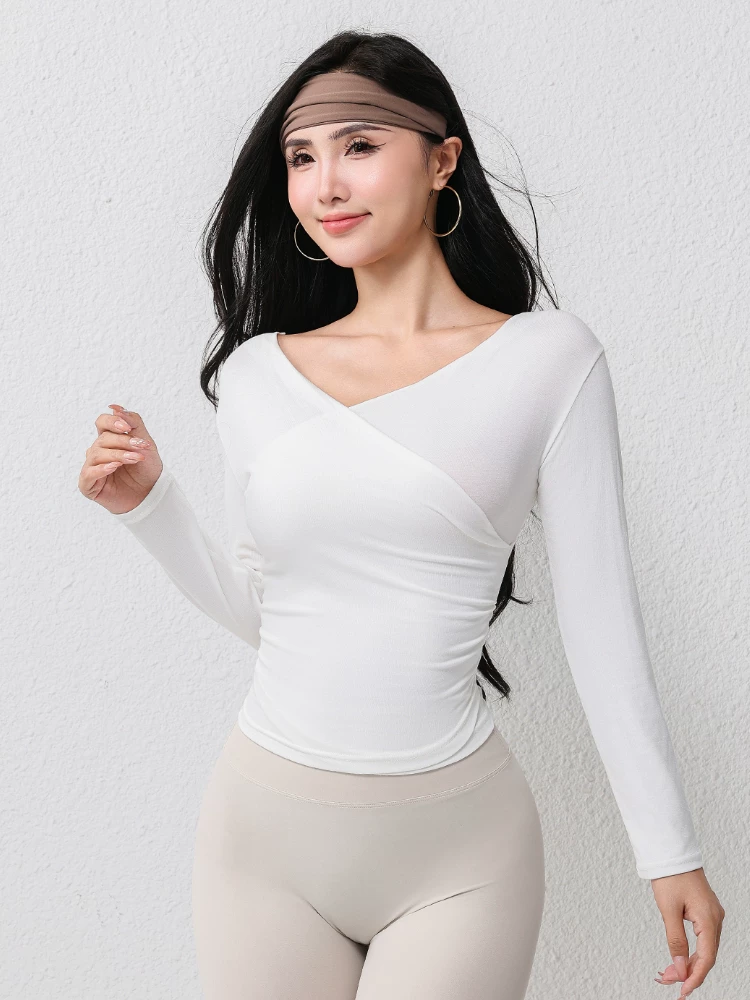 Trang phục tập yoga Pilates gợi cảm dài tay ôm sát cổ chữ V gợi cảm Áo thể thao chạy bộ tập thể dục Áo thun phong cách mới