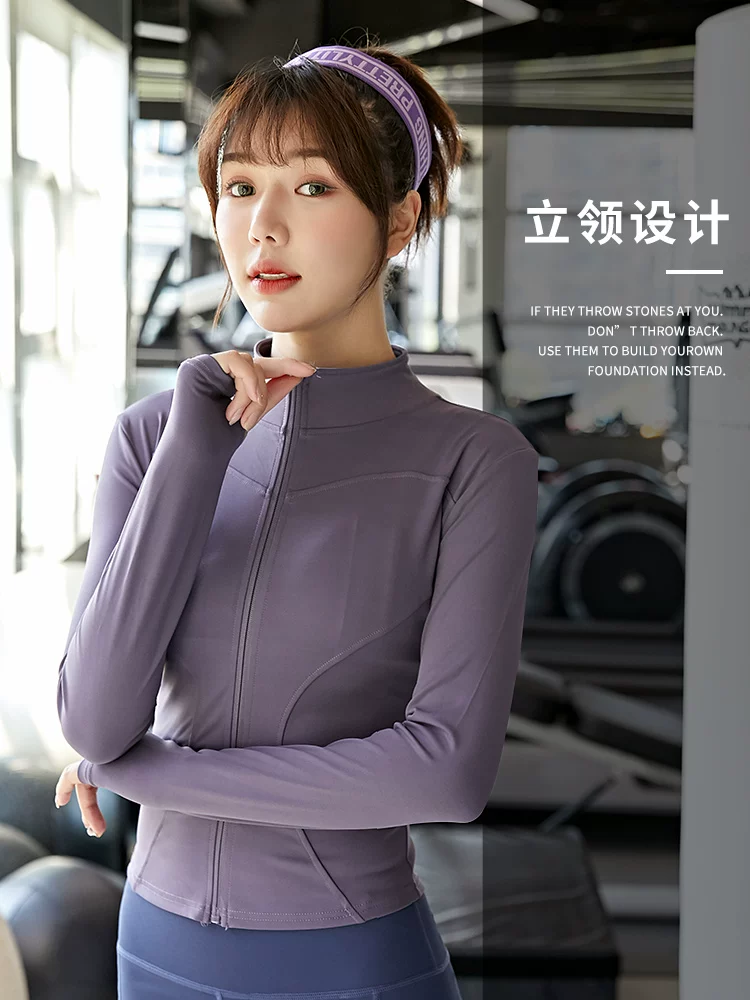 Áo khoác thể thao, áo khoác cổ đứng dáng ôm, áo cardigan nữ có khóa kéo, áo tập yoga, đồ tập chạy bộ mùa thu đông, trang phục thể thao bằng vải lông cừu