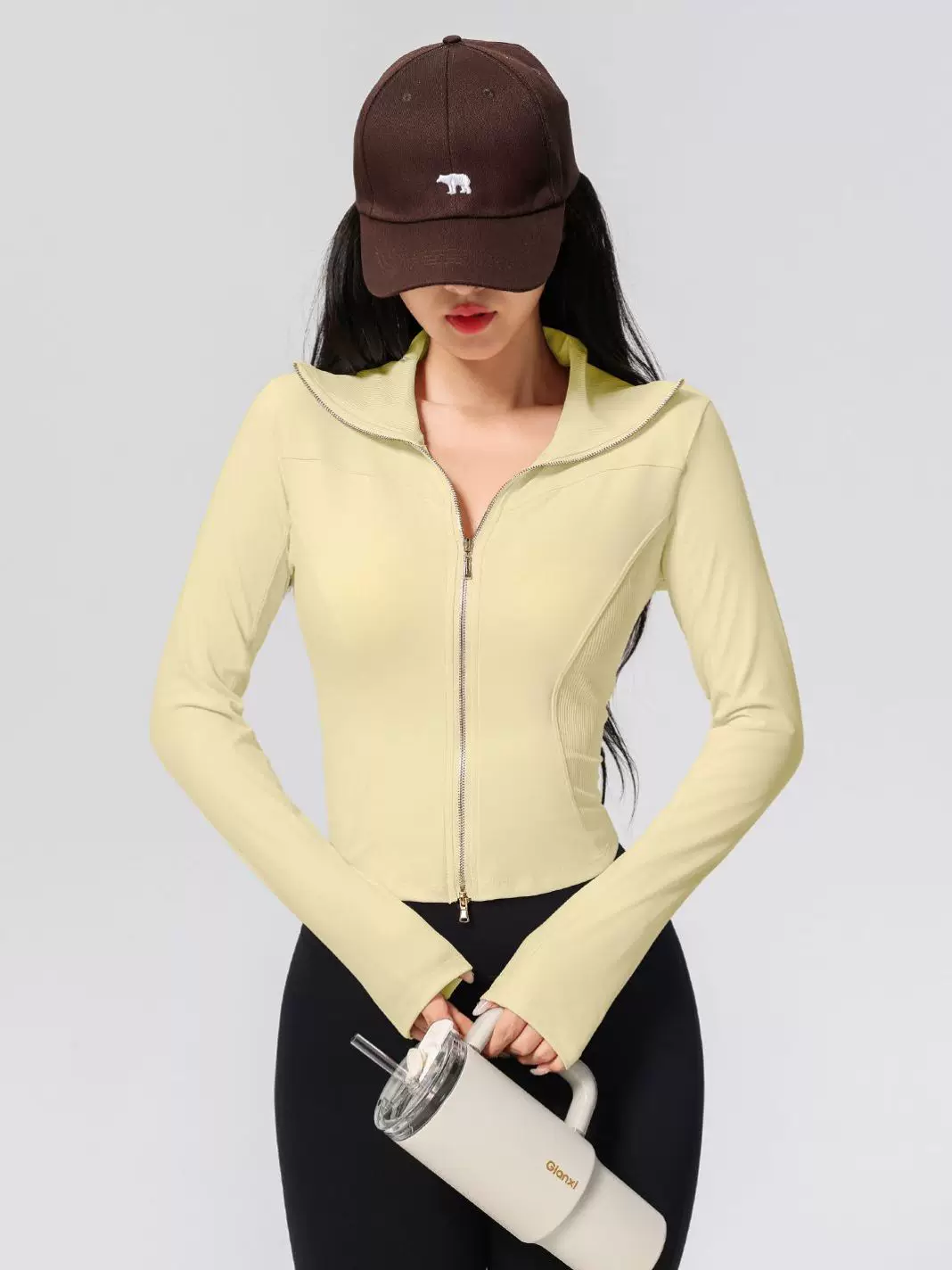 Quần áo tập yoga cho nữ, kiểu dáng mới, cao cấp, khóa kéo đôi, cổ cao, áo thể thao chạy bộ ôm sát, áo khoác tập thể dục Pilates