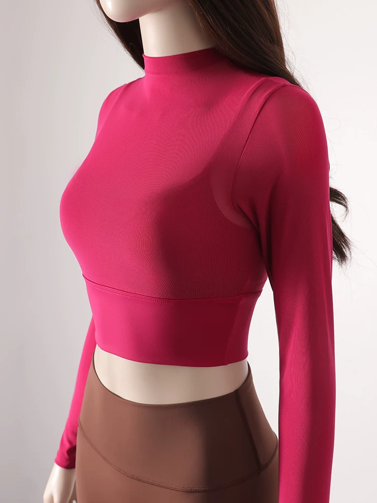Áo tập yoga kiểu lưới có đệm ngực, áo crop top gợi cảm dành cho nữ, đồ thể thao bó sát tay dài chạy bộ ngoài trời cho mùa thu.