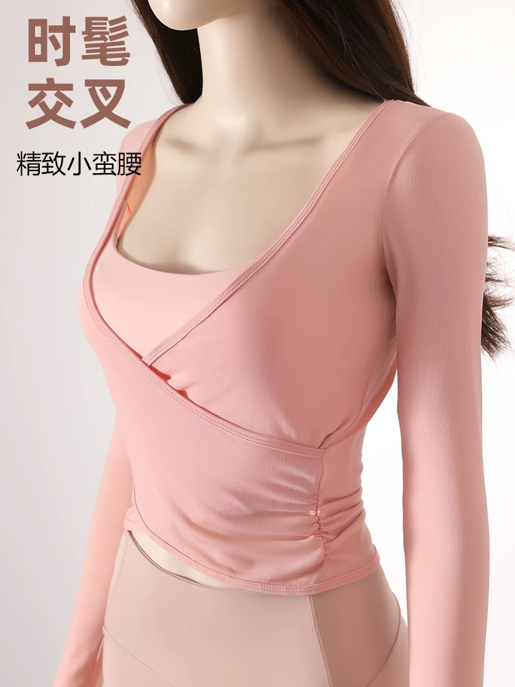 Áo thun tập yoga dài tay xếp ly chéo dành cho nữ, áo tập thể thao ôm sát tạo cảm giác thoải mái như không mặc, áo khoác ngoài tập yoga nhanh khô cho mùa thu