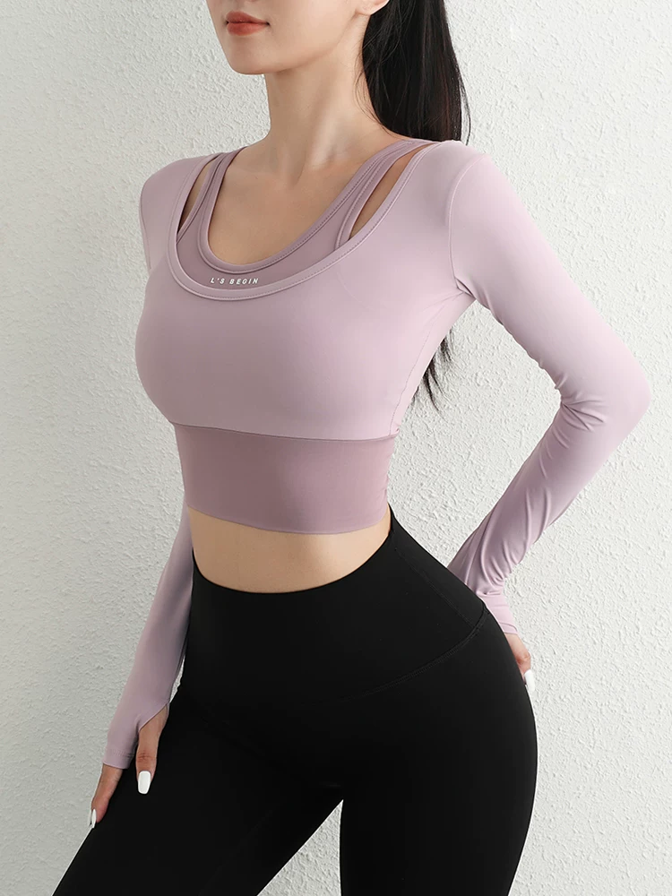 Quần áo tập thể dục dành cho nữ Jiumai Yipin có đệm ngực, áo tập yoga hai trong một bó sát, áo tập dài tay nhanh khô.