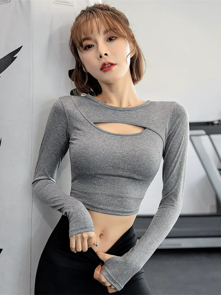 Áo thể thao crop top gợi cảm Jiumai Yipin dành cho nữ, áo thun dài tay bó sát nhanh khô để chạy bộ, tập luyện và yoga.