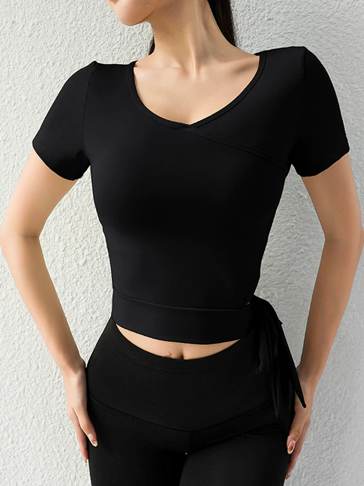 Quần áo tập yoga cho nữ, áo tập Pilates cổ chữ V, đồ thể thao chạy bộ chuyên nghiệp nhanh khô, đồ tập thể dục tay ngắn, áo phông buộc dây.