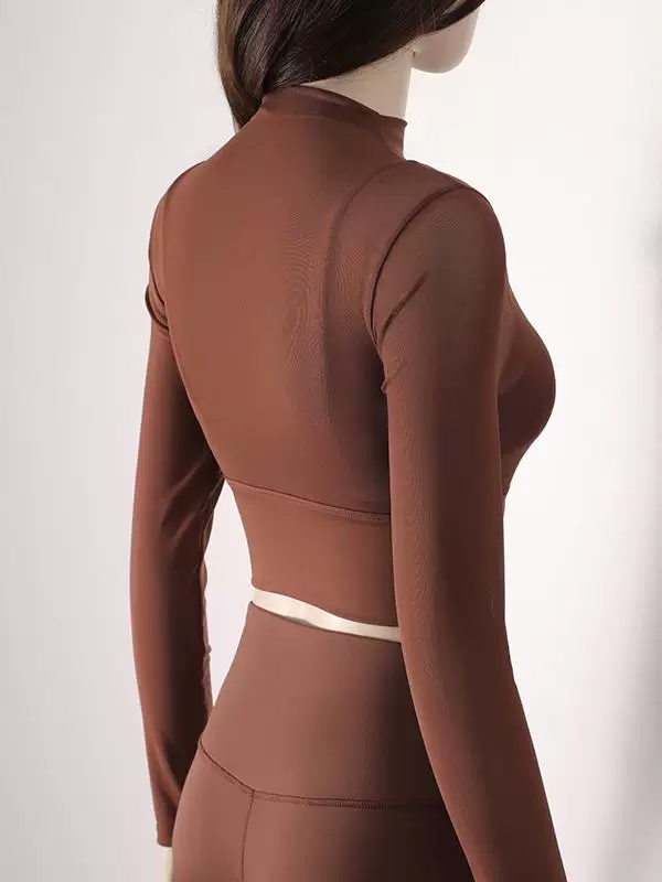 Áo tập yoga kiểu lưới có đệm ngực, áo crop top gợi cảm dành cho nữ, đồ thể thao bó sát tay dài chạy bộ ngoài trời cho mùa thu.
