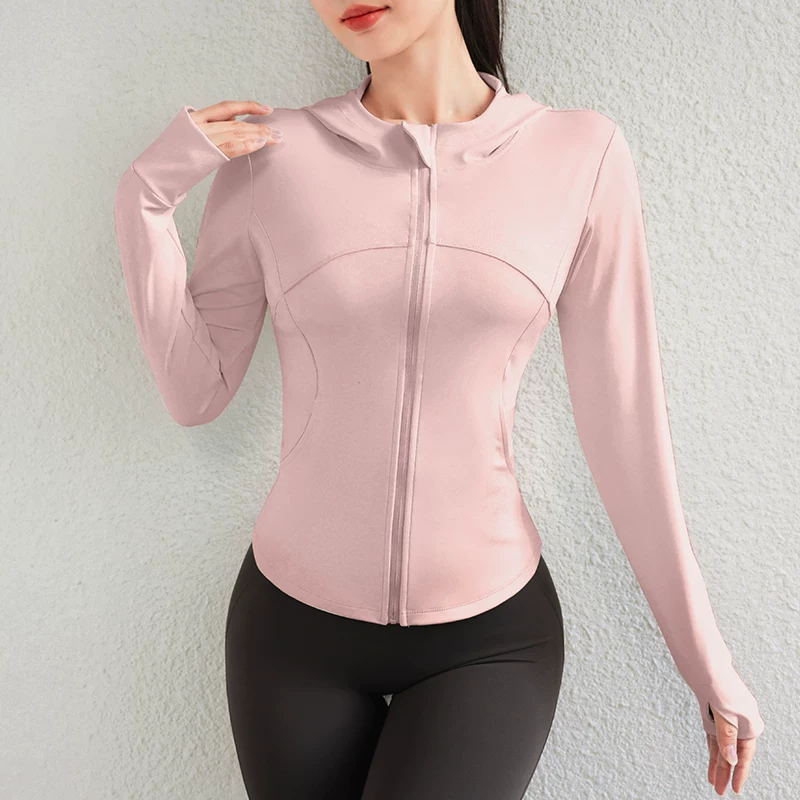 Quần áo thể dục dài tay, quần áo đạp xe, áo khoác thể thao chống gió và chống nắng, áo tập yoga ngoài trời có mũ trùm đầu cho nữ, quần áo mùa thu đông nhanh khô