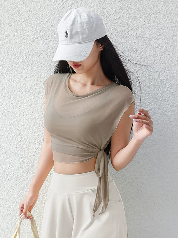 Bộ đồ tập yoga hai mảnh kiểu mới 2026, áo ngắn tay nữ, áo lưới liền thân thể thao, nhanh khô, áo khoác thể thao mùa hè