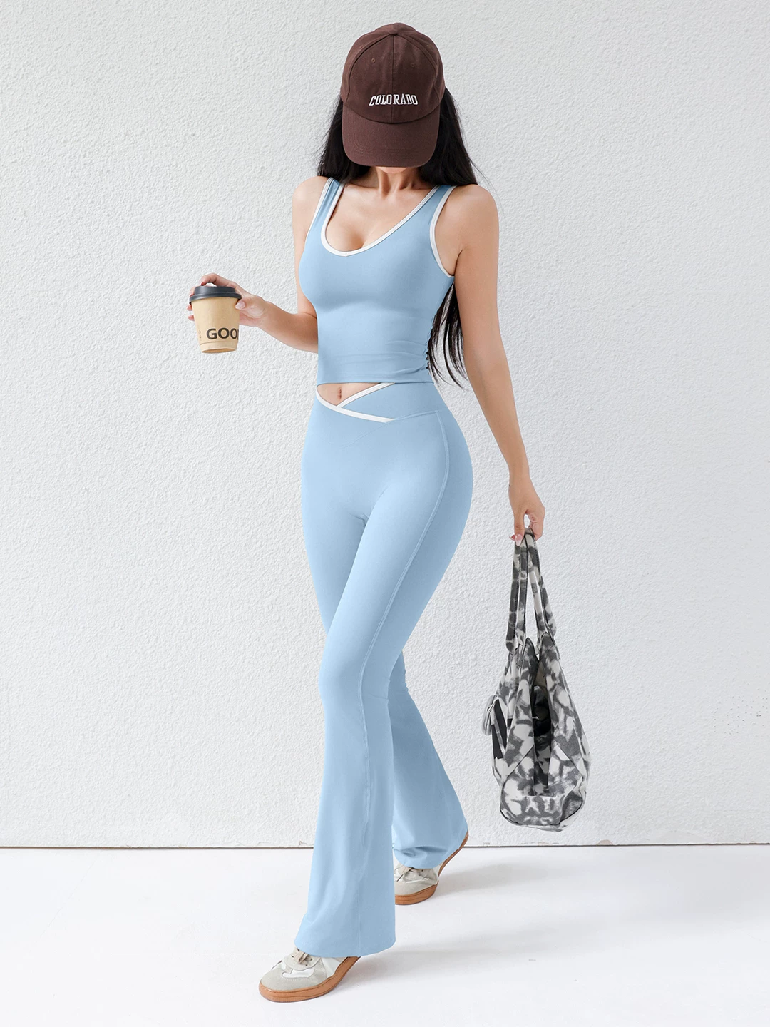 Bộ đồ thể thao cạp cao dành cho nữ, bộ đồ tập yoga ôm sát lưng trần màu sắc tương phản, bộ đồ tập yoga hai mảnh dành cho chạy bộ và tập thể dục.