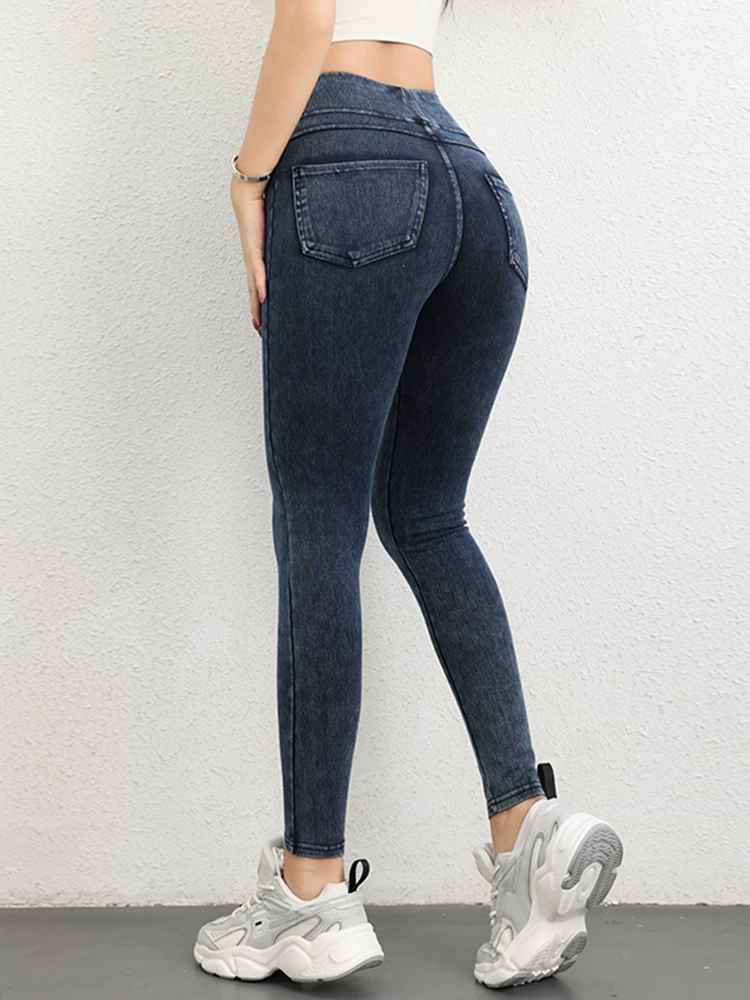 Quần tập thể dục giả denim Jiumai Yipin dành cho nữ, cạp cao, nâng mông, kiểm soát bụng, chạy bộ, ôm sát, co giãn cao, quần yoga mặc ngoài dành cho nữ.