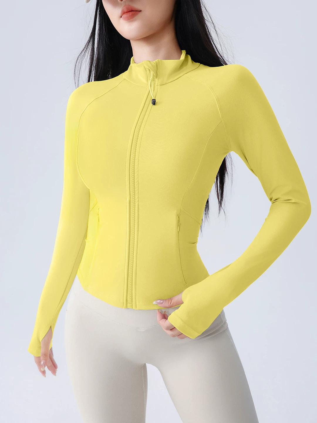 Áo khoác thể thao cổ đứng có khóa kéo Jiumai Yipin dành cho nữ, quần áo tập thể dục chạy bộ, áo tập yoga ngoài trời có túi dành cho nữ, mới.