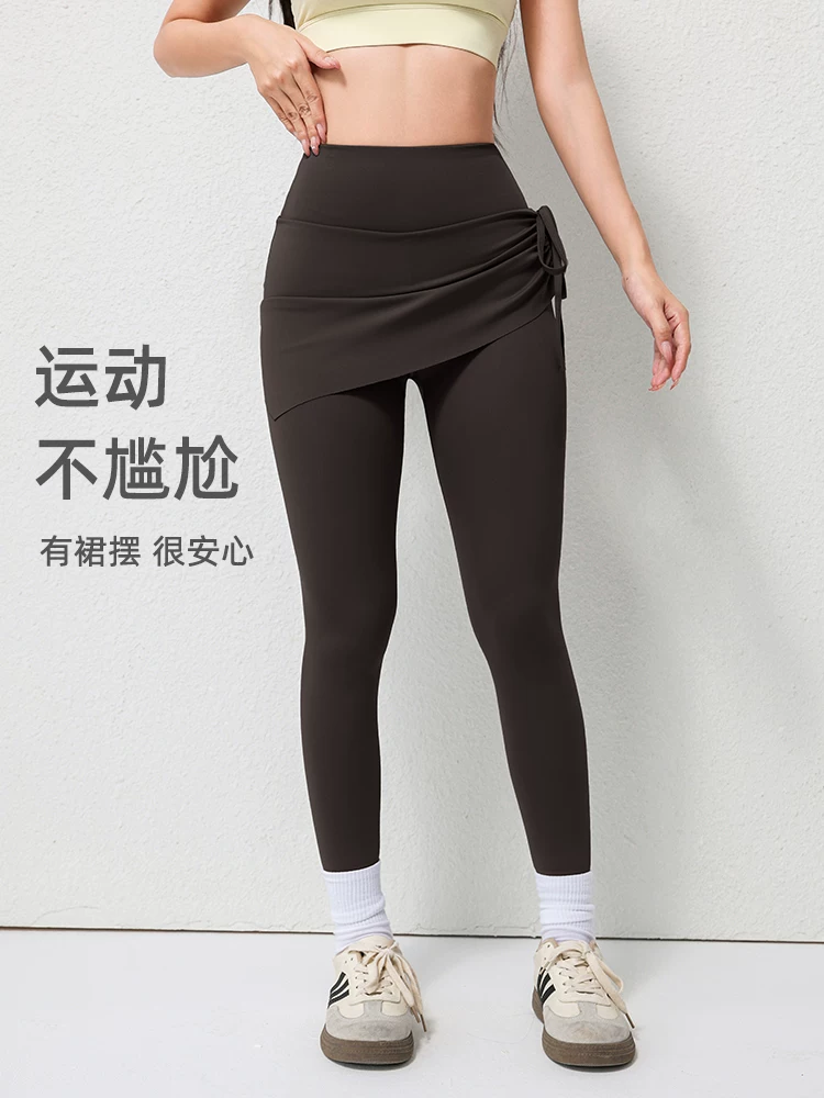 Quần tập yoga hai trong một dành cho nữ, cạp cao, kiểm soát bụng, cỡ lớn, quần váy chống lộ, quần dài thể thao tập chạy bộ, mùa thu.