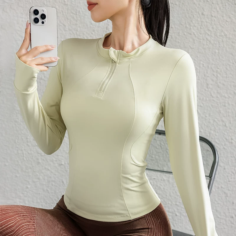 Quần áo tập luyện chạy bộ mùa thu đông, đồ tập yoga, áo khoác ngoài, áo nửa khóa kéo, ôm sát, nhanh khô, co giãn, áo thể thao dài tay.
