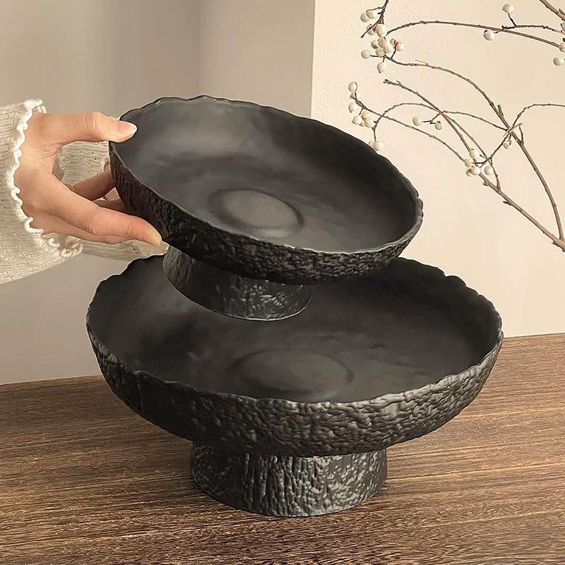 Đĩa trái cây cao cấp màu đen mờ, dùng cho bàn trà phòng khách, đĩa trưng bày đồ ăn nhẹ và tráng miệng, đĩa thủy tinh đựng hoa quả khô.