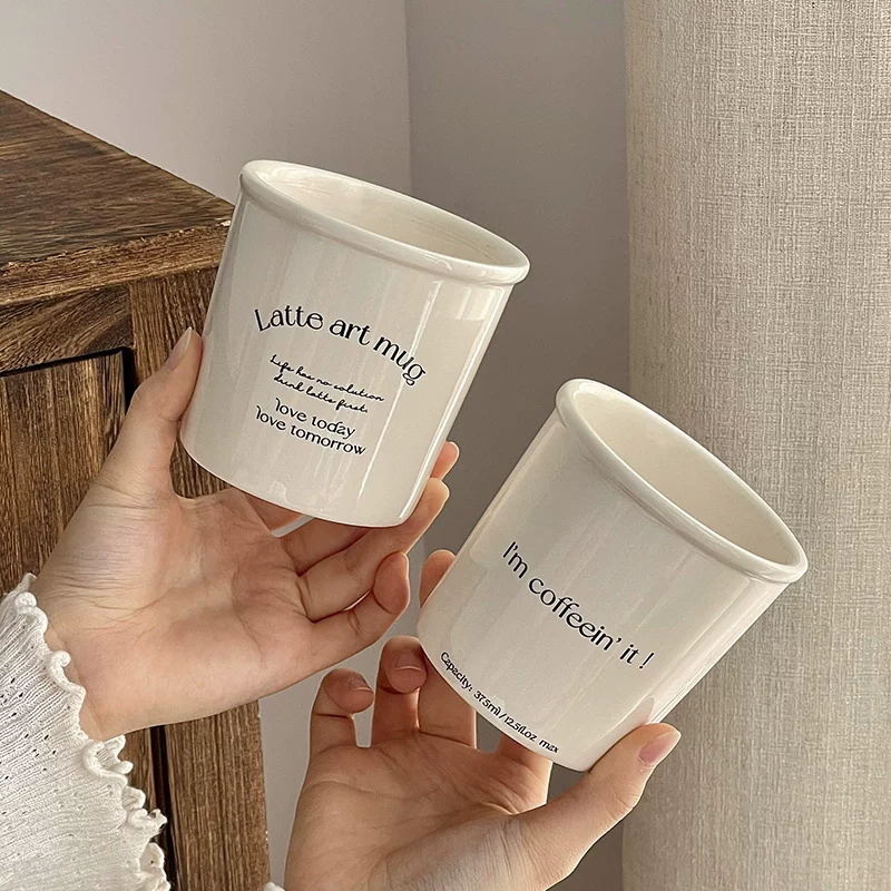Ly cà phê gốm sứ cao cấp, ly latte, cốc cầm tay màu trắng sữa có chữ, cốc sữa gia dụng, cốc uống nước