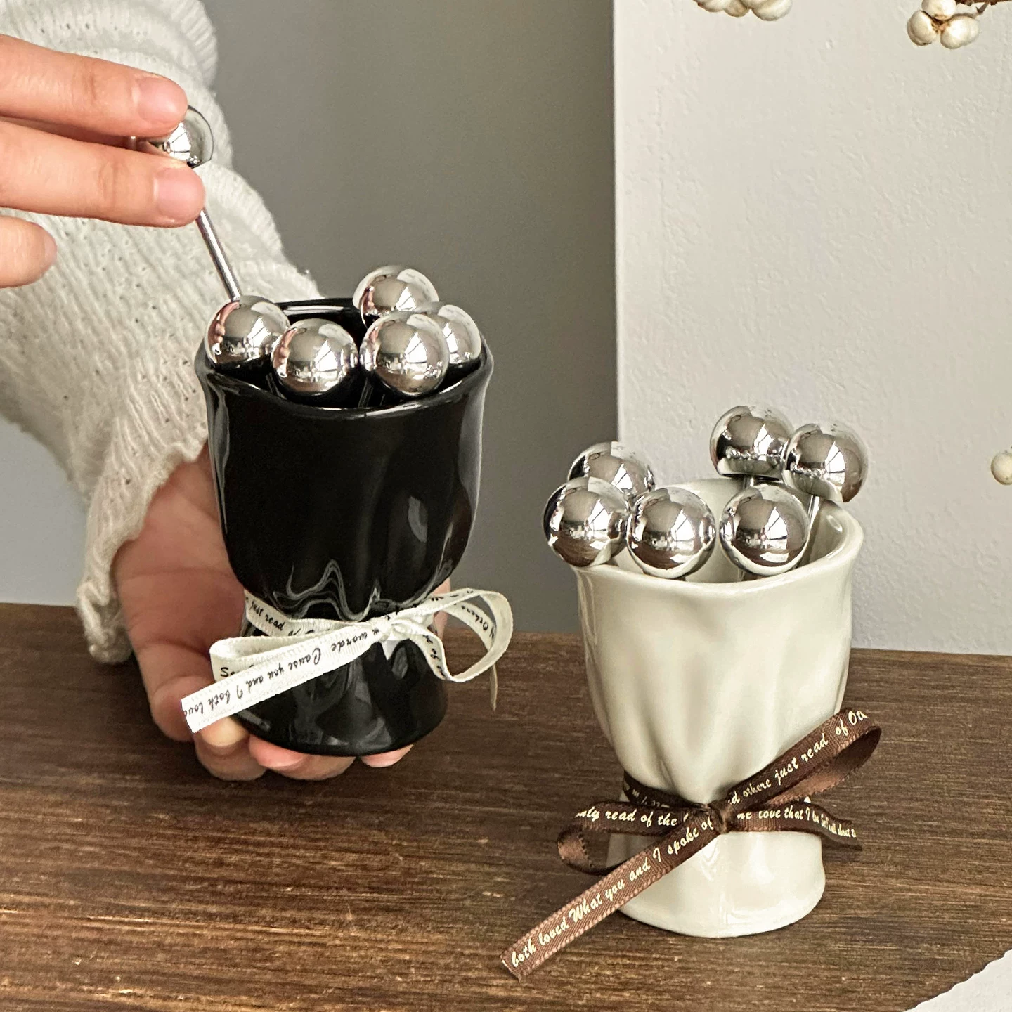 Bộ lọ đựng thìa trái cây gốm sứ cao cấp, sang trọng, thìa tráng miệng dễ thương, xiên bánh dùng trong gia đình