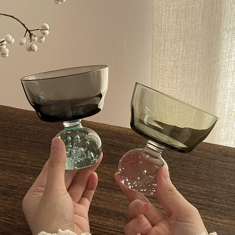 Ly thủy tinh bong bóng màu xanh cổ điển, thiết kế độc đáo, ly cocktail thổi thủ công cao cấp, ly nước cao cấp