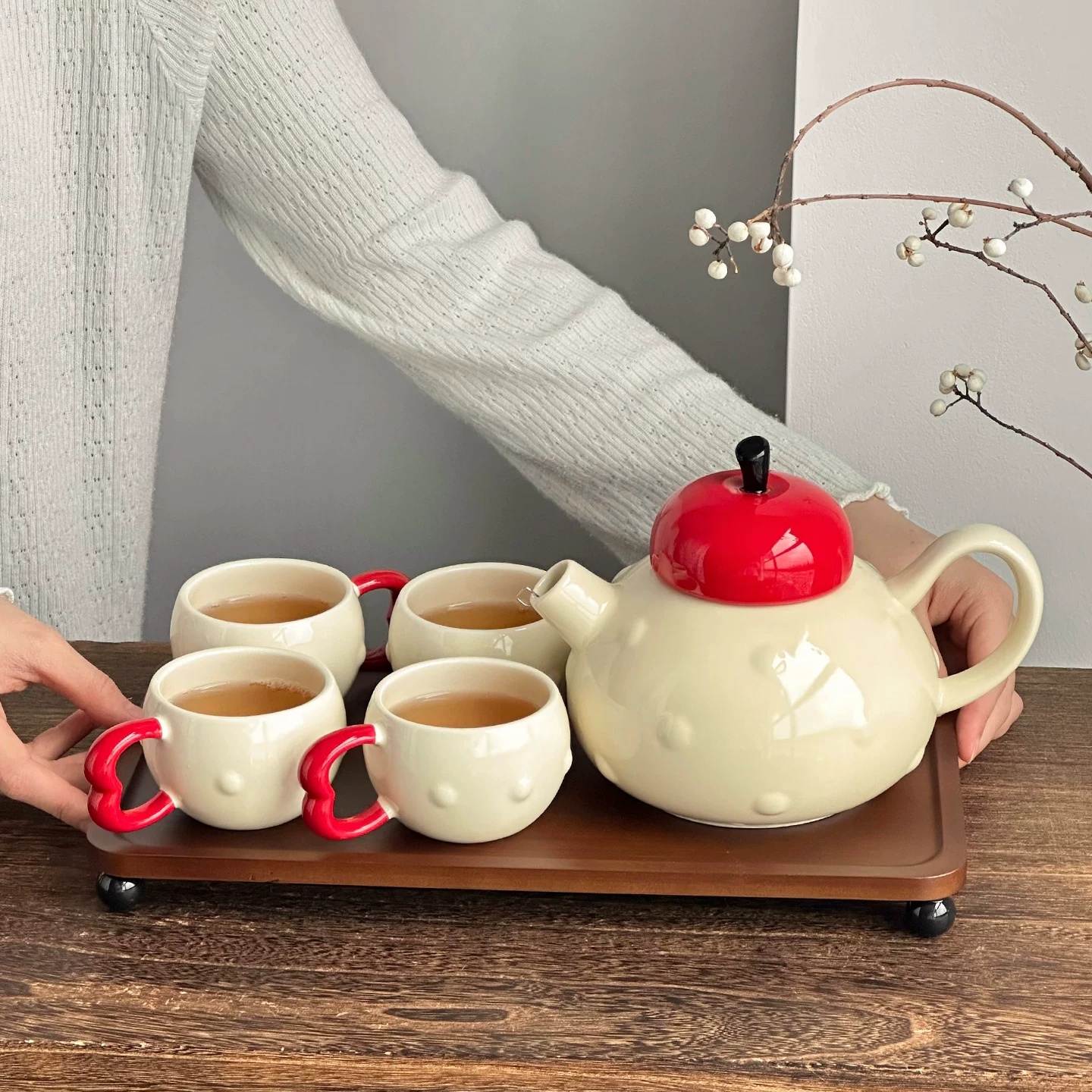 Bộ tách trà gốm sứ mang lại sự bình yên và niềm vui, dùng trong phòng khách, cốc nước cho khách, ấm trà, quà tân gia, nhà mới, quà cưới, quà đính hôn.