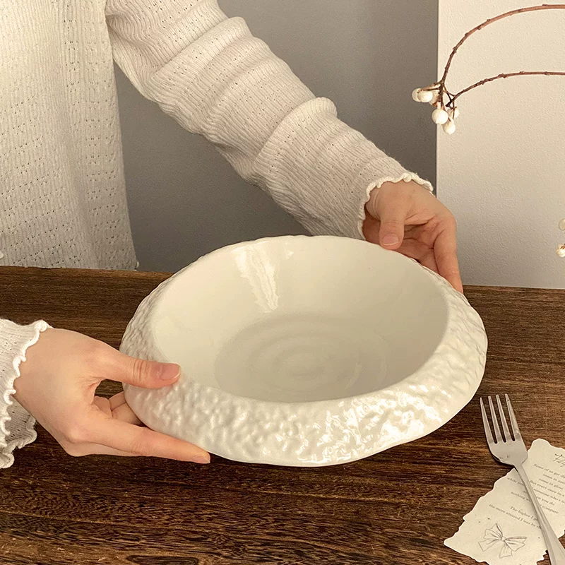 Đĩa gốm họa tiết đá, đĩa đựng bít tết và mì cao cấp, đĩa sâu gia dụng, đĩa rau, đĩa súp, đĩa kiểu phương Tây màu trắng sáng tạo