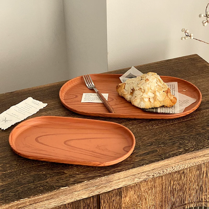 Khay oval giả vân gỗ, đĩa đựng đồ ăn nhẹ, đĩa đựng cốc nước gia dụng, đĩa đựng bánh ngọt, đĩa đựng trái cây
