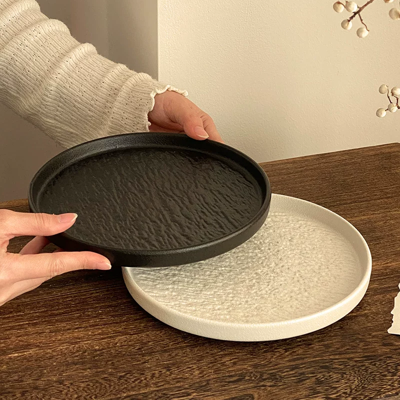Đĩa ăn bít tết, đĩa kiểu Tây cao cấp đen trắng, đĩa mì ống, đĩa tráng miệng gia đình, đĩa tròn họa tiết đá gốm, đĩa phẳng nông.