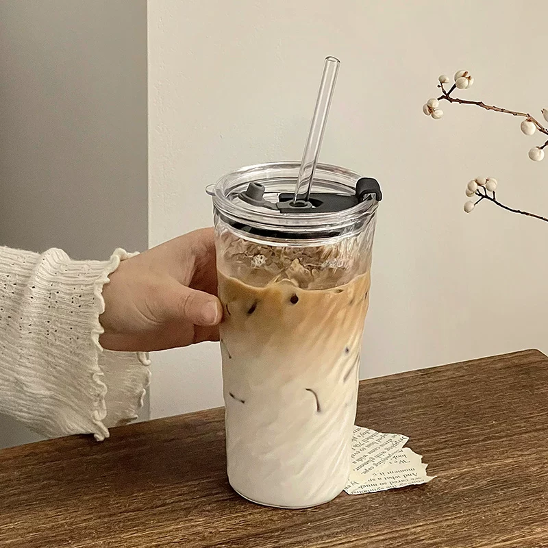Ly thủy tinh dung tích lớn có nắp, ly cà phê đá American latte, ly trà sữa cao cấp, ly nước ép
