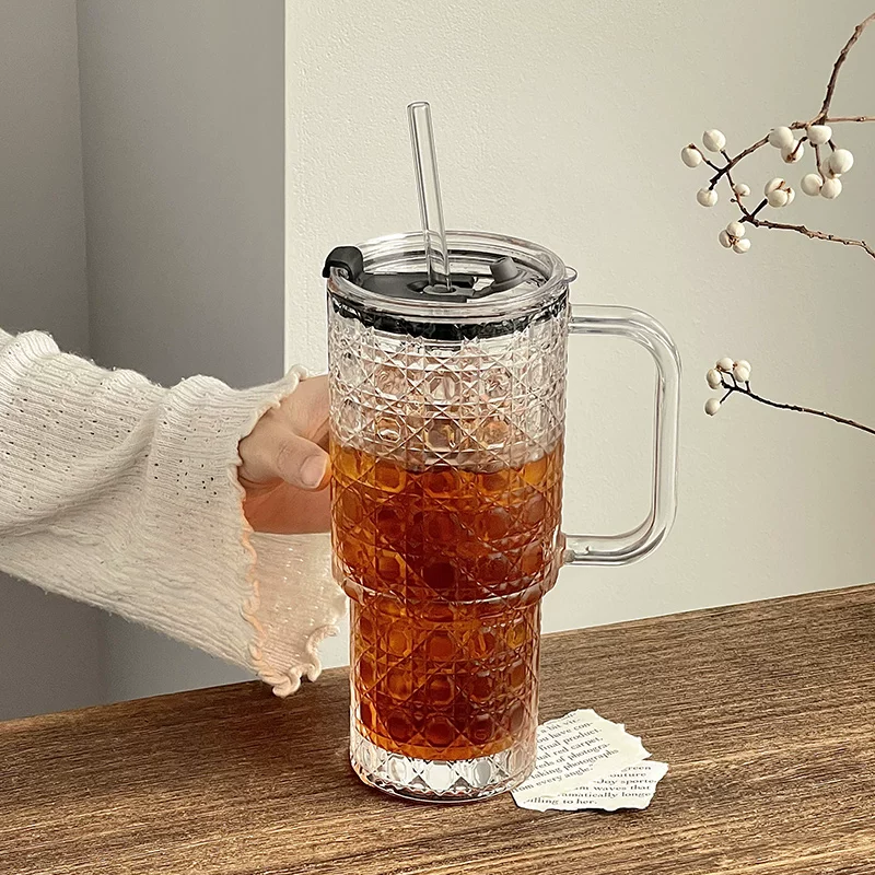 Cốc thủy tinh dung tích lớn có tay cầm, cốc cà phê latte đá Mỹ, cốc trà trái cây, cốc nước văn phòng có nắp