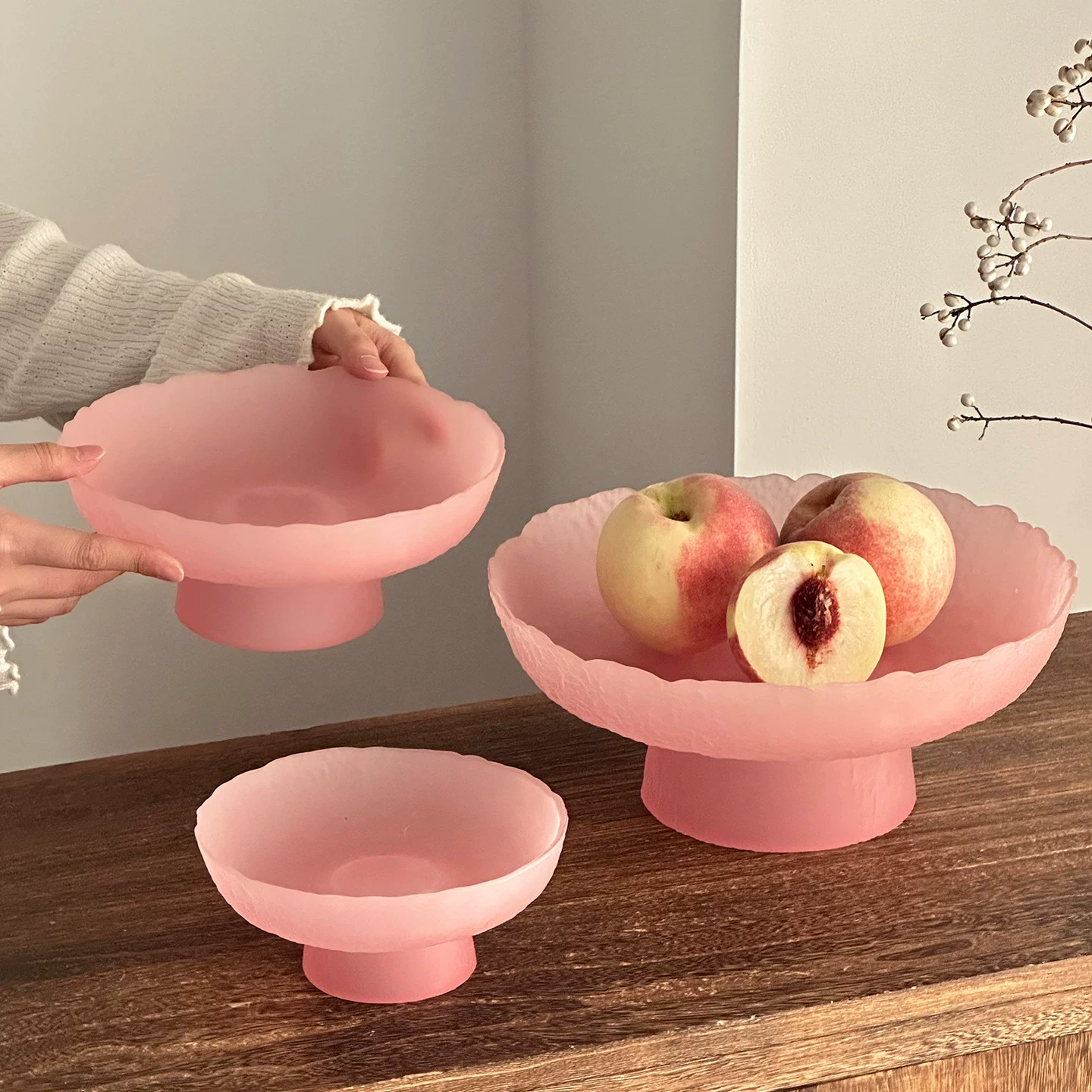 Đĩa trái cây chân cao phủ sương dùng cho bàn cà phê phòng khách, đĩa trái cây khô bằng thủy tinh, đĩa đựng đồ ăn nhẹ, đĩa trưng bày kẹo.