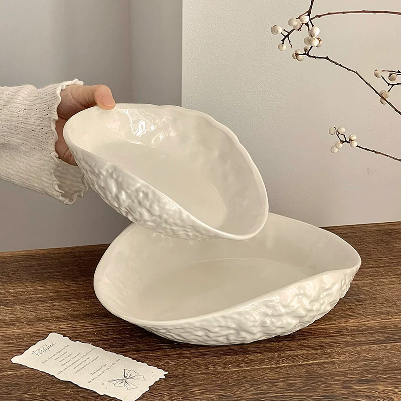Đĩa vỏ sò họa tiết đá, đĩa sứ cao cấp, đĩa gia dụng, đĩa súp, đĩa ăn kiểu Tây sáng tạo màu trắng tinh khiết dùng cho món steak, mì Ý